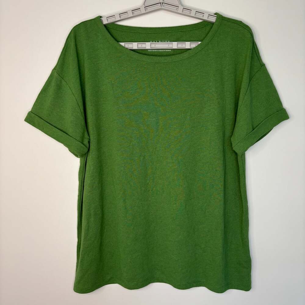 Talbots linen blend short sleeve top womens M green cuff colorful casual